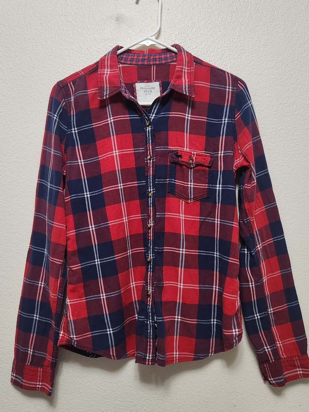 Vtg Y2K Abercrombie & Fitch Red Plaid Flannel Shirt L Moose Logo Classic Preppy